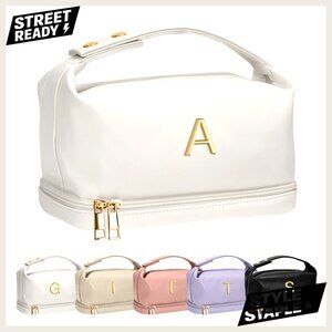 Personalized Makeup Bag with Handle, Double Layer Organizer, Waterproof PU